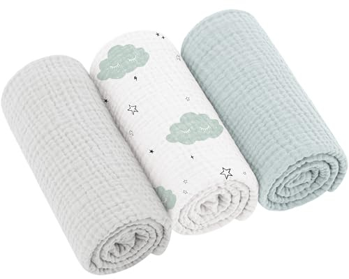 Bearmoss Moltontücher Baby 100% Baumwolle Weiche Spucktücher Baby,Atmungsaktiv und Extrem Saugfähig Musselin Tuch für Saugstark Mulltücher 3er 60x60cm(Blaue Wolke)