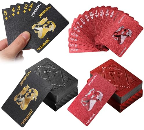 hommova 2 Pack Waterproof Playing Cards, Black and Red Standard Playing Card Decks for Adult Card Games
