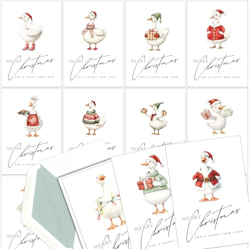 Juego de 30 tarjetas de Navidad con 15 diseños de Feliz Ganso-navidad, juego de tarjetas de felicitación de ganso festivo con sobres