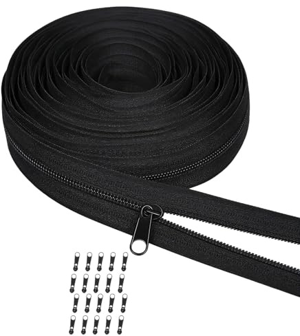 Cremallera continua de 5 mm, color negro, 10 m, con 20 cremalleras, por metros, para ropa de cama, ropa, bolsas, cremallera de nailon resistente, juego infinito, pieza de repuesto para costura