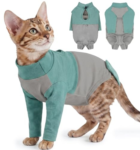 PUMYPOREITY Traje Recuperación Gato Castrado, Algodón Body Gato Post Cirugía Hembra Traje Postquirurgico Gato Camisa de Recuperación Anti Lamiendo Protector Después de La Cirugía(Verde, S)
