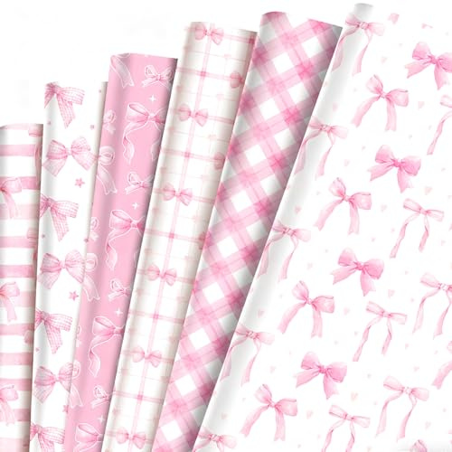 6 Stück Geschenkpapier Mädchen, Geschenkpapier Rosa Perfekt als Geschenkpapier Geburtstag, mit Süßem Schleifendesign, Reißfest, für Geburtstage, Valentinstag und Kleine Prinzessinnen