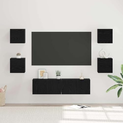 Boltkex TV-skåpset, 6 delar, svart ekutseende av trämaterial, väggmonterad bostadsvägg med 6 gångjärnsdörrar, 60 x 30 x 30 cm, för vardagsrum, hemmabio, ordning och förvaring