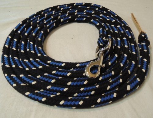 Bodenleine aus Baumwolle schwarz-blau-Natur 6,70 Meter mit Karabinerhaken Silber und Lederende
