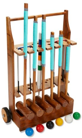 Uber Games Krocket Spiel aus England | 6 Personen Hartholz Croquet Set mit Trolley, Familien-Krocket-Set mit 6 Holzschlägern in Verschiedenen Größen und 6