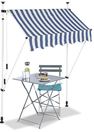 Relaxdays Tenda da Sole, Protezione per Il Balcone, Regolabile, Senza Forare, a Manovella, Larga 150 cm, a Righe Blu, Bianco, 150 x 120 cm