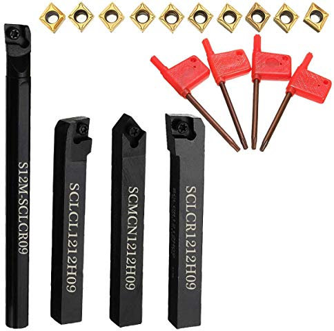 KATSU Tools 4PCs Indexable Inserts Lathe Turning Cutting Tool Set with 10 Inserts S12M-SCLCR09 SCLCR1212H09 SCLCL1212H09 SCMCN1212H09