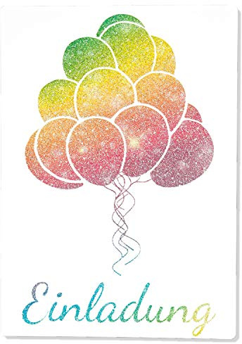 Gentle North 15 x Einladungskarten Kindergeburtstag Ballon Glitzer - Größe A6 - Coole Einladung zum Geburtstag für Mädchen und Jungen - Witzige Kinder Einladungskarte - Luftballon