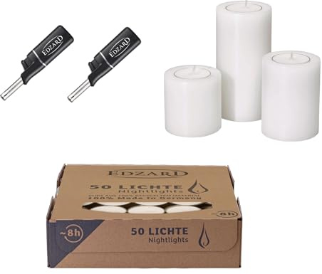 EDZARD Set 3 Dauerkerzen Cornelius, weiß, Durchmesser 6 cm, Höhen 6, 8 und, 10 cm, Plus 50 Teelichter in Kunststoffhülle und 2 Mini-Stabfeuerzeuge - Teelichthalter in Kerzenoptik