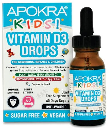 Vitamin D Drops Baby & Kids - Vegan - 60 Days Supply – 30mL – Preservative Free and Sugar Free Kids Vitamins - VIT D 400IU in MCT Oil - 10 micrograms per 0.5mL | APOKRA
