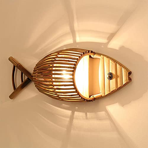 Retro Wandleuchte Aus Holz , Kreat Bambus Gewebte Fisch Design Käfig Wandleuchtung Schlafzimmer Wohnzimmer Wandlampe Vintage Restaurant Café Antike Holz Lampe Bettlampe, Natur, Boho, E27-Fassung