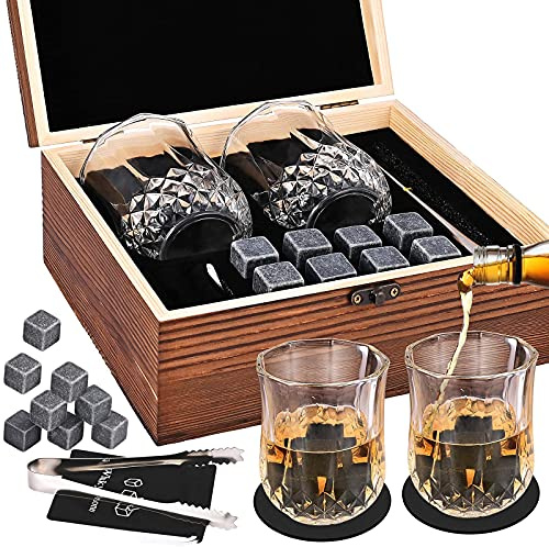 GOLDGE Vasos Whisky Cristal para Jack Daniels, Blue Label, Baileys, Macallan, Johnny Walker, Regalos Originales para Hombre Navidad, 2 Vasos de Whiskey 300ML, 8 Cubitos Hielo Reutilizables, Accesorios