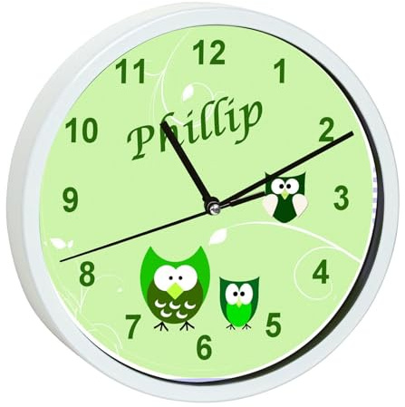 CreaDesign, Wanduhr für Kinderzimmer Eule grün, Kinderuhr weiß mit Quarz Uhrwerk, personalisiert mit Name, Durchmesser 19,5 cm