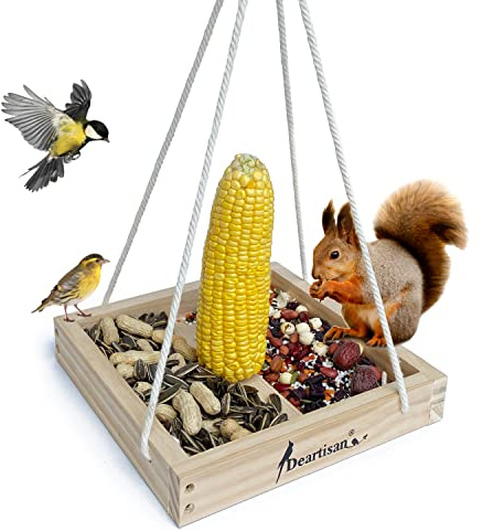 Platform Squirrel & Bird Feeders, Quality Cedar Made Wood Tray Garden Hanging Animal for Yard Outside Decoration Attrcting for Wild Birds