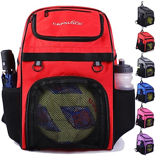 CapsLock Youth Soccer Bag - Boys Girls Soccer Backpack & Bags for Basketball, Volleyball & Football | Includes Separate Cleat and Ball Compartment, and Convenient Fence Hook.