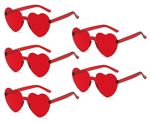 TSHAOUN Rote Sonnenbrille, Herzform, randlos, Partybrille, randlos, herzförmig, Retro-Sonnenbrille, für Party, Kostüm, Karneval, Sommer, Party, Strand, 5 Stück