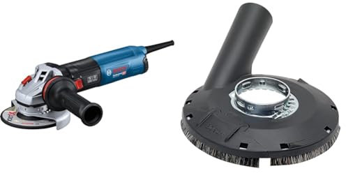 Bosch Professional Winkelschleifer GWS 14-125 (Zusatzhandgriff, Schutzhaube, Trennschutzhaube, Zweilochschlüssel, Aufnahmeflansch, Spannmutter) + Absaughaube mit Bürstenkranz (115/125 mm, Zubehör)