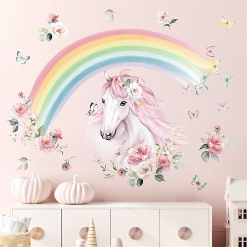 wondever Wandtattoo Regenbogen Groß Wandsticker Pferdekopf mit Blumen | Abziehen und Aufkleben, Abziehbar, Wandaufkleber Selbstklebend für Kinderzimmer Mädchen Babyzimmer Mädchenzimmer Wanddeko