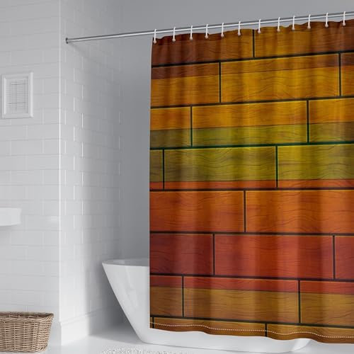 Homxi Duschvorhang Ösenringe,180 W x 180 H cm,Gelb Grün Rot Duschvorhang Holzbrett und Rechteckmuster Duschvorhang Polyester Duschvorhangringe mit Haken