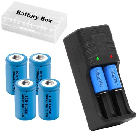 Akku Ladegerät 14250 mit Batterie 4 x 300mah 14250, Lithium-Ionen-1/2 AA-Batterien 4 Satz können Batterie 3.6 Volt LS 14250, ER14250, 3v CR14250 für Laser ersetzen