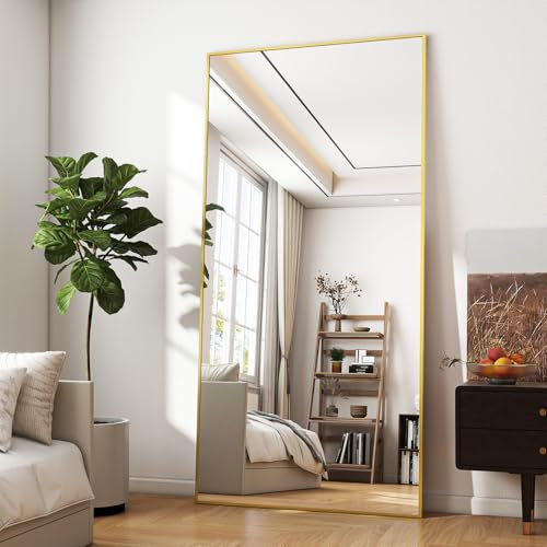 BEAUTYPEAK Överdimensionerad stor helkroppsspegel 76 x 180 cm, okrossbar, stående spegel, hängande eller lutande på väggen, stor golvspegel med stativ för sovrum, vardagsrum eller omklädningsrum, guld