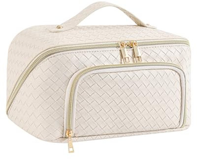 Groß Kosmetiktasche Schminktasche wasserdichte PU-Leder Reise Make-up-Tasche mit Große Weit Offener Tasche für Damen Frauen (Beige 2024)