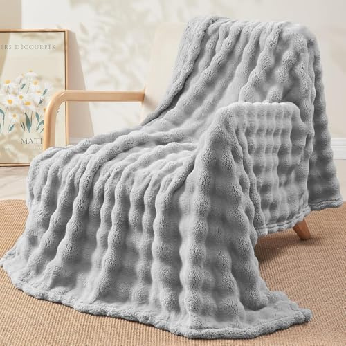 TOPCHANCES Kuscheldecke Plüsch Flauschige Decke Super Soft Wohndecke Dick 450gsm Flanell Bubble Couchdecke Warm Überwurfdecke Sofadecke Vielseitig Blanket Für Bett Sofa,Hellgrau,160×200cm