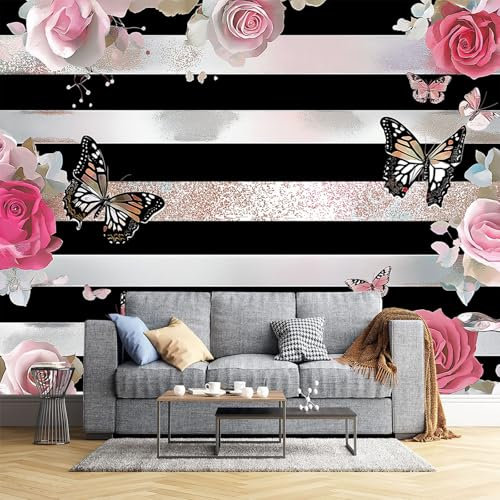 Rose Schmetterling Fototapete - Glam Punk Streifen - Größe 400X280Cm (Breite X Höhe) Wandtapete Tapete, Wandbild Wandtattoo Dekoration - Tapete, Kinderzimmer, Kindertapete