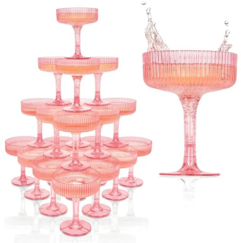 Ksestor ACRYLIC Champagne Tower – Plastic Coupe Glasses, 21-Piece 7oz Champagne Tower Glasses Set for Weddings, Parties & Hosting – Pink