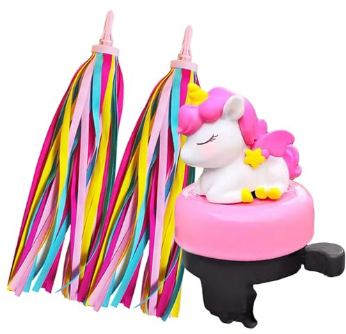 1 Packung Kinder-Fahrradklingel und 2 x Kinder-Fahrradschlangen für Kinderfahrrad-Zubehör, rosa Einhorn-Fahrradklingel und 25,4 cm große Regenbogen-Fahrradquastenbänder für Kinder