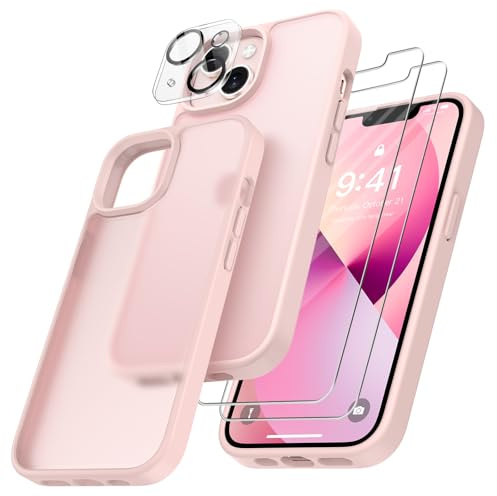 FLLAO 4 en 1 Coque pour iPhone 13 Mini 5.4, Rose pâle | 2 Verre Trempé et 1 Caméra Protecteur, Coussin d'air Intégré, Antichoc Antirayures Bumper Protection