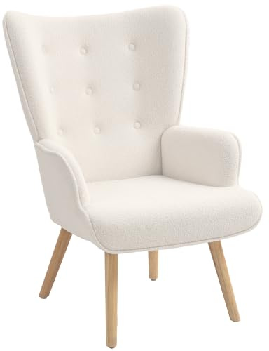 HOMCOM Fauteuil de Salon en Tissu Bouclette, Fauteuil Moderne, capitonné et rembourré avec Pieds en Bois, accoudoirs et Dossier Ergonomique, pour Salle à Manger, Salon, Chambre, Bureau, Beige