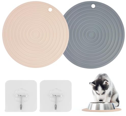 2 Stück Napfunterlage Katzen Rund, 24cm Silikonmatte Hundenapf, Futternapf Unterlage rutschfest Matte Katzenfutter, Topflappen, Futterunterlage Hund, mit 2 Stück Transparente Haken