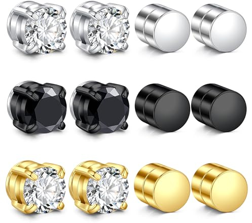 Men's Magnetic Stud Earrings - Non Piercing Clip On Earrings,Stainless Steel Hypoallergenic Fashion Diamond Design for Women,Silver/Black/Gold Styles