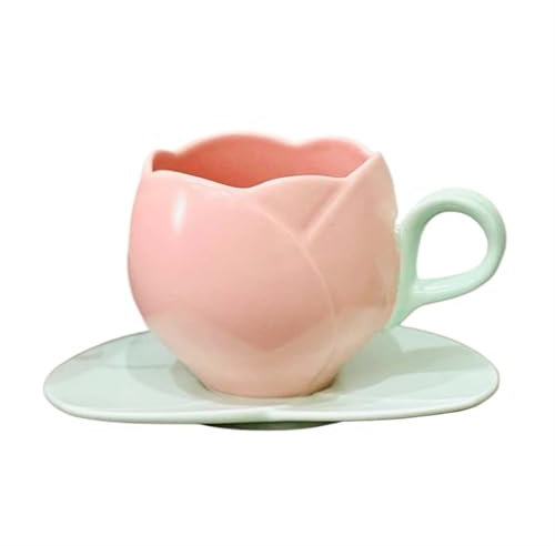 GSCLZ Juego de Taza de café de cerámica de 300 ml, Taza de té de cerámica con Forma de tulipán de Gran Capacidad con platillo for Taza de Desayuno de Avena(Pink Set)