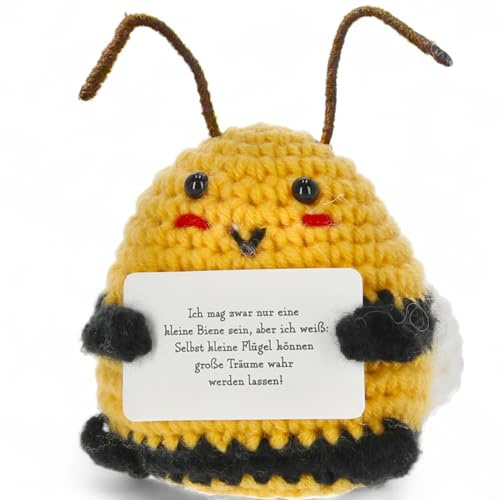 MIJOMA Amuleto de la suerte Positive Friends – Figuras de ganchillo hechas a mano con mensajes motivadores, ideal como souvenir acompañante de camino, Mutmacher (abeja – Sueños realidad)