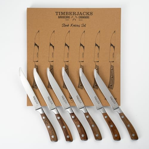 Timberjacks Steakmesser-Set, 6 Stück, Edelstahlklinge mit Walnussholzgriff, 24 cm Gesamtlänge