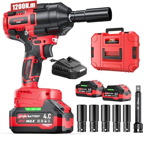 MODOFO TOOL 1200N.m (900ft-lbs) Cordless Impact Wrench, 1/2 High Torque Brushless Impact Drill with 3000RPM Power, 2 x 4.0Ah Batteries, Fast Charger, Variable Speeds for Car/Truck RV/Mower (Red)