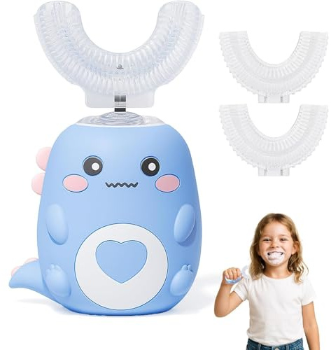 360º Brosse A Dent Electrique Enfant, Brosse à Dent éLectrique Enfant Avec 2 TêTes De Brosse En Silicone En Forme De U, LumièRe Led Et Aspect Dinosaure,Pour Brosse à Dent éLectrique Enfants 3 Ans (A)