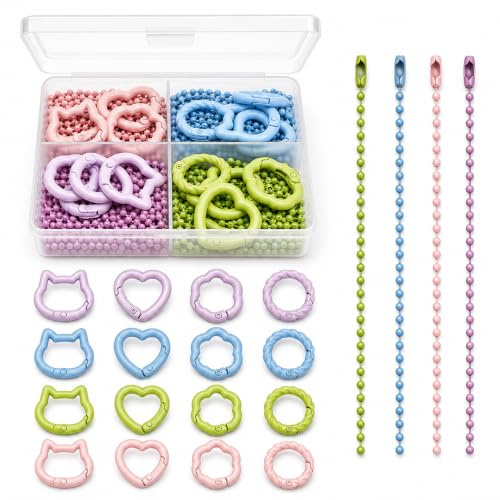 16 Stück Mini Schlüsselring Bunt Karabinerhaken mit 80 farbenfrohen Ketten | Herzförmig, Rund, Blumenförmig, katzenförmig für Riemenkette, Schlüsselanhänger, Rucksack, DIY-Bastelarbeiten