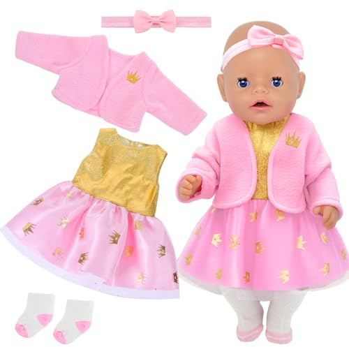 Puppenkleidung für 36-43 cm Newborn Baby Puppen, Tutu Kleid mit Kronen Print Set aus Tüllrock Mantel Haarband Socken Puppenzubehör für 14-17 Zoll BabyPuppe, Geschenk Kinder