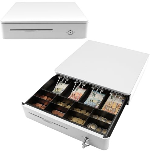 OLYMPIA M 405 Weiß | Kassenlade mit 8 Münz- & 4 Scheinfächern | Robuste Kassenschublade Unterbau aus Vollmetall | Elektrisch ansteuerbare Registrierkasse mit Schloss & RJ11/RJ12-Anschluss