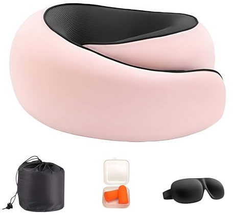 Nomadike NOMAREST | Memory Foam Travel Pillow – mousse mémoire haute densité lavable et compact – Idéal pour vos déplacements et vacances. (Rose,Oreiller + masque de sommeil + bouchons d'oreilles)