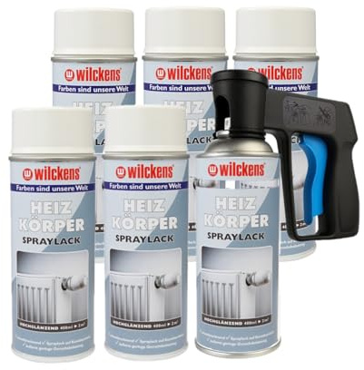 ARLI Set: 6x Heizkörperlack Spray weiß hochglänzend 400ml RAL 9010 + 1x Sprühpistole Pistolengriff für Spraydosen Set für Heizkörper Wasserleitungen Radiatoren Warmwasserrohre