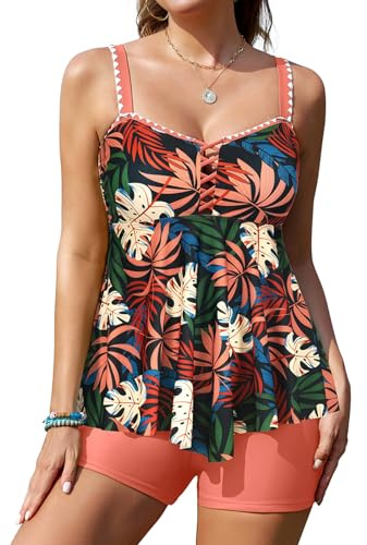 SHEKINI Women Tankini Set 2 Piece Plus Size Swimsuit | Swimwear with Boyshorts, Tummy Control Flowy Floral Print Bathing Suit, Removable Paddings, Adjustable Straps