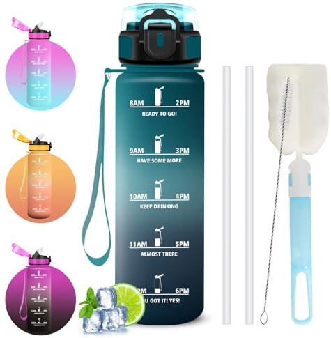 Botella Agua 1 litro, Cantimplora con Pajita, A Prueba de Fugas Botella Agua Gimnasio, Cepillo para Botellas y Pajita, Cantimplora con Marcador de Tiempo para Viaje, Exterior, Hogar, Gimnasio