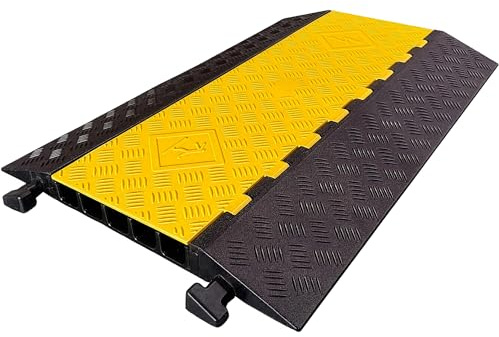 Floordirekt Tapis de protection de câbles - Jusqu'à 20 tonnes - Protection contre les débordements pour câbles, pont de câbles en caoutchouc pour parkings, entrepôts (noir/jaune, 5 canaux 90 x 55 x 5