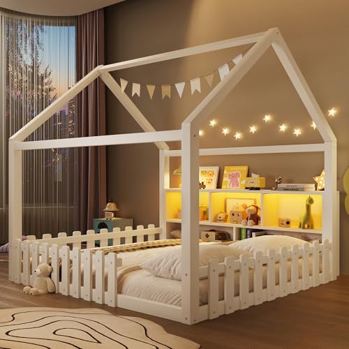 Ktipm Cama Montessori 140x190 con Barrera y Luz LED, Camas Infantiles con Diseño de Casa y Compartimentos Abiertos, Cama Casita Criança Camas Cuna Niño Niña con Listones de Madera, Sin Colchón, Blanco