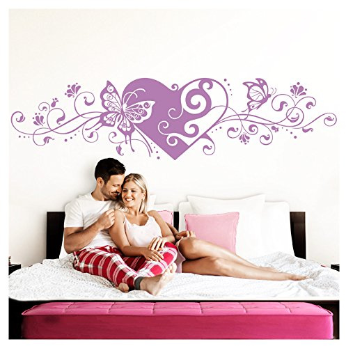 Grandora Wandtattoo Blumenranke Herz selbstklebend I Flieder 150 x 38 cm I Schlafzimmer Liebe Love Schmetterlinge Wandtatoo Wandaufkleber Wandsticker W642