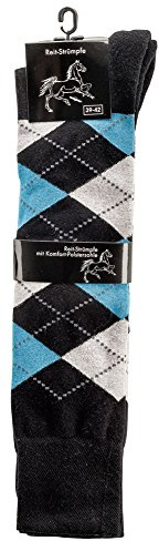 krautwear® 2 paia di calze al ginocchio da donna, uomo, ragazza e bambino, calzini da equitazione, con suola spessa, termoregolabili, motivo a scacchi, in cotone, nero / turchese, 35-38